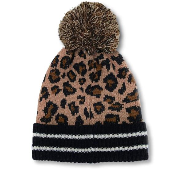 New! Steve Madden Women's Leopard Print Cuffed Pompom Beanie Knit Winter Hat - Picture 2 of 5